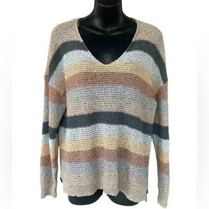Knox rose women’s stripped fall colors Open-Knit V neck side slit oversized sz M